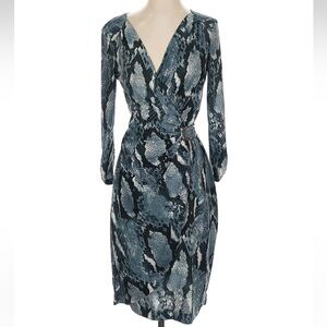 Vintage Cache Blue Grey Snakeskin Print Jersey Faux Wrap Dress Size Small S